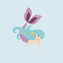 little mermaid with turquoise hair and purple tail - vector illustration in cartoon style