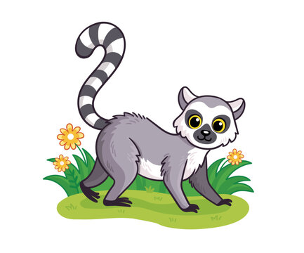 Cute Lemur stands on a green meadow. Walking ring tailed lemur drawn in cartoon style. African animals