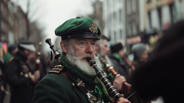 man playing uilleann bag pipe music during st patrick's day parade in the city. ancient traditional irish instrument.