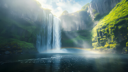 Fototapeta premium Serene Waterfall Oasis Under Ethereal Light
