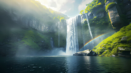 Serene Waterfall Oasis Under Ethereal Light
