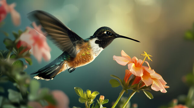 Twilight Dance of a Hummingbird Amongst Blooming Flowers