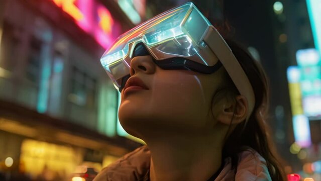 Woman wear modern virtual devise. Mixed reality headset. Digital spatial computer. Girl VR glasses walk city street. High tech vision. Futuristic future concept. Technology innovation. Life simulation