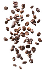 Coffee beans falling down on on white background. File contains clipping paths.