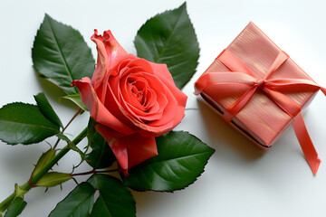 pink rose with red gift and small gift box on white b