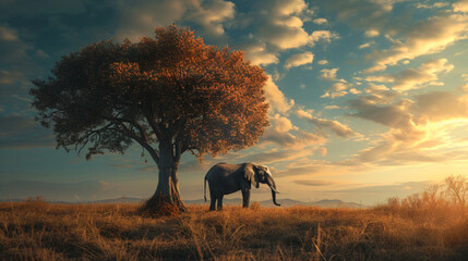 Lonely elephant on tree.