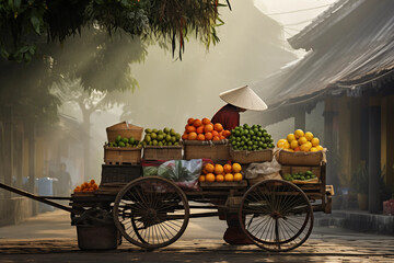 Early morning view of a street vendor wearing a traditional conical hat, selling colorful fruits from a wooden cart in a misty, tree-lined village street.
