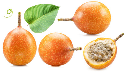 Set of granadilla fruit, leaves and  cross cuts of granadilla isolated on white background.
