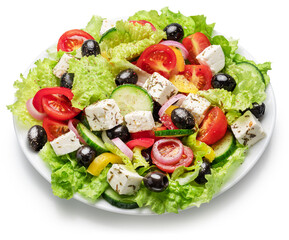 Greek salad on white plate isolated on white background. File contains clipping path.