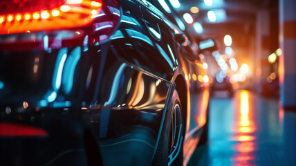 Luxury car parked in a neon-lit garage capturing modernity, technology, automotive design and affluence