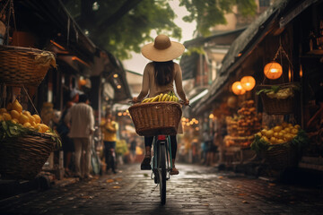 A woman with a straw hat bikes through a vibrant market alley, a basket of bananas on the back, surrounded by the hustle of daily commerce.
