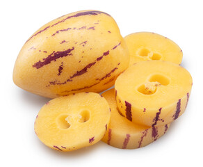 Pepino melon or pepino dulce and sliced fruit isolated on white background. Clipping path.