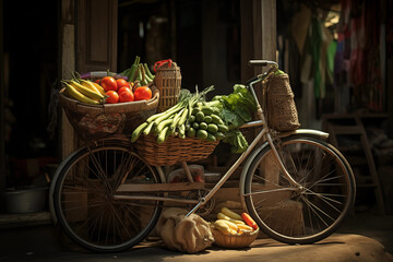 Fototapeta na wymiar A classic bicycle stands in a rustic setting, its baskets brimming with an assortment of fresh vegetables, capturing the essence of local market life. 