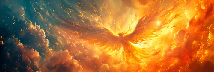 phoenix with golden feathers, soaring against a background of a fiery sunrise and cascading clouds.
