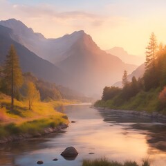 This is a breathtaking morning scene in a mountainous landscape, showcasing a tranquil daybreak as the sun slowly rises over the majestic mountains in the background. 