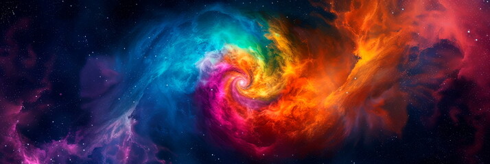 Fototapeta na wymiar A tie-dye effect applied to a galactic spiral, featuring swirls of rainbow colors merging into the depths of space.