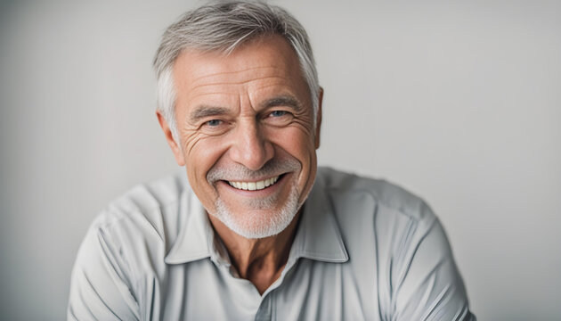 Close up and portrait of mature white man smiling and looking at the camera.