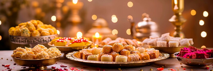 Naklejka premium family gathering during Eid with delicious traditional Indian sweets and festive decorations.
