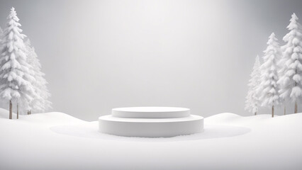 3d rendering of white podium in the winter forest. Scene for product presentation.