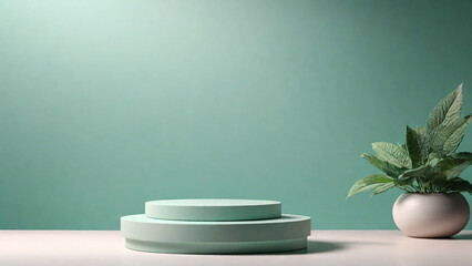 Obraz na płótnie Canvas Minimal scene with green podium and mint leaves. 3d render