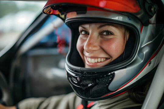 Beautiful happy female rally driver woman smile in race car while wearing a helmet