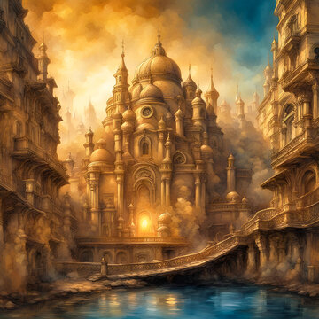 Watercolored of a light ocher vibrant exotic city with blue golden light over the blue water