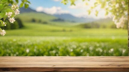 beautiful spring green meadow background with empty wooden table for product display, nature blurred background