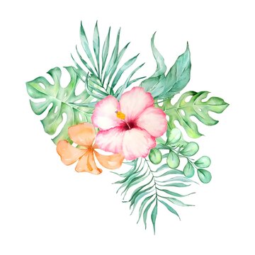 Bright beautiful green floral herbal tropical lovely hawaii cute multicolor summer composi of a tropical red pink white yellow flowers with green palm leaves watercolor hand sketch Perfect for textile