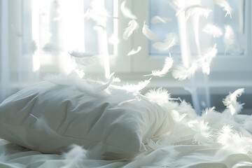 Leicht wie eine Feder: Wei&szlig;es Kissen und umherfliegende Federn verleihen Ihrem Raum ein traumhaftes Ambiente