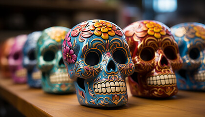 Day of the Dead celebration colorful skulls, spooky decorations generated by AI