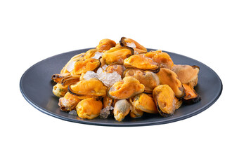 Frozen mussels on a black ceramic plate isolated on a white background.