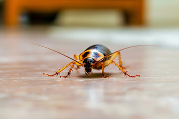close-up view of Blatta orientalis, commonly known as the American cockroach, crawling on the floor Blatta americana Insects fauna, entomological concept. Cockroach as infection carriers