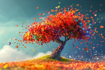 A vibrant sky illuminates the colorful leaves of an outdoor tree, creating a breathtaking painting in the midst of nature's beauty