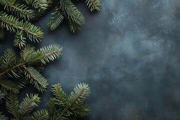Dark moody christmas background with close-up fir branches Setting a trendy Atmospheric holiday scene