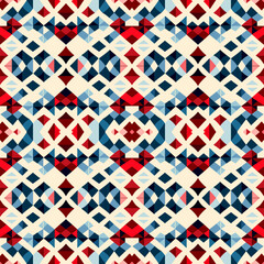 Seamless geometric pattern with triangles and rhombuses in red and blue colors
