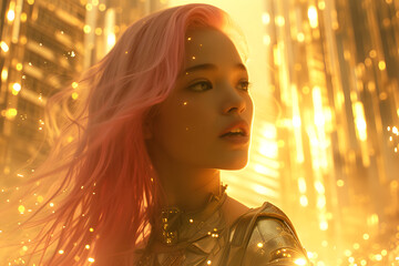 Porträt einer hübschen jungen Frau mit rosa gefärbten Haaren: Schönheit und Individualität im Bokeh-Hintergrund