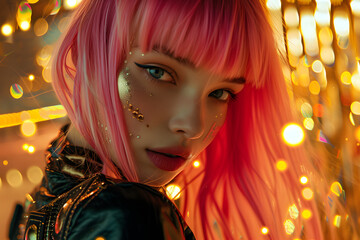 Porträt einer hübschen jungen Frau mit rosa gefärbten Haaren: Schönheit und Individualität im Bokeh-Hintergrund