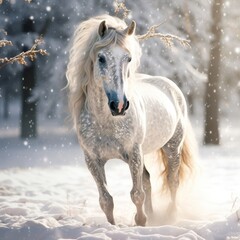 Obraz na płótnie Canvas A majestic white horse with a flowing mane stands in a serene snowy landscape, with gentle snowflakes falling around it. 