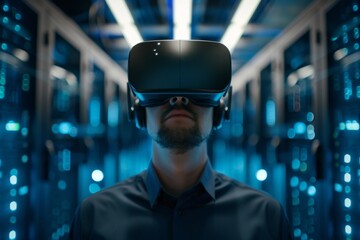 Man using VR headset in futuristic data center room. Data security, cybersecurity, infrastructure, cloud computing concept. Supercomputer, hardware, equipment. Future technology. Design for banner, po