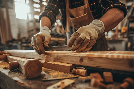 Expert carpenter at work in a well-equipped workshop