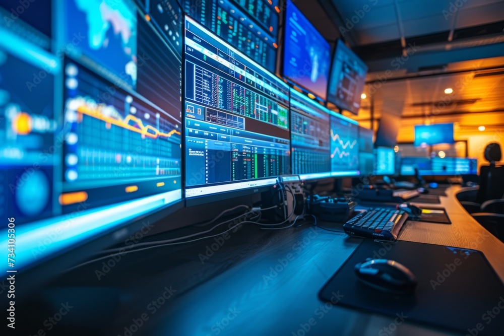Poster security operation center with display screens. data security, cybersecurity, infrastructure concept