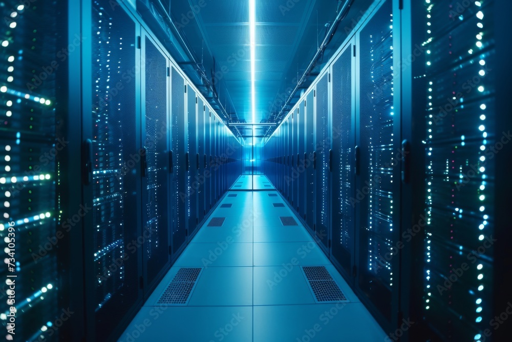 Poster Server room with rows of rack-mounted servers. Supercomputer or mainframe. Data center. Cloud computing and big data storage. Artificial intelligence concept. Futuristic technology background