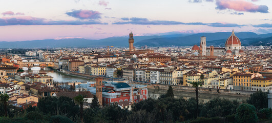 Panorama of Florence at sunrise in winter from Michelangelo Square. The best view in the world.