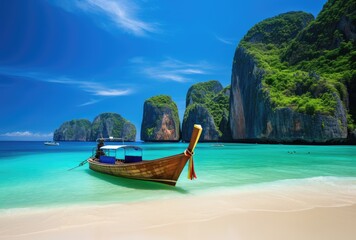 Tropical beach with longtail boat in Krabi, Thailand