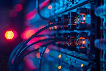 Network server room with red lights. Data security, cybersecurity, internet concept. Supercomputer, data center. Future technology and futuristic computer. Design for banner, poster