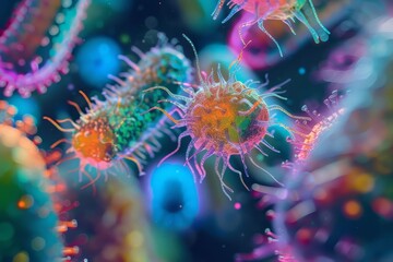 Fototapeta premium Macro shot of vibrant bacteria and virus cells under a microscope Showcasing the intricate details of microbiology