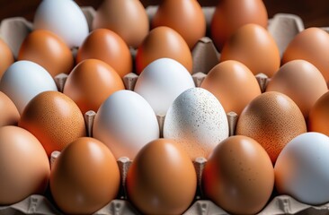 a pile of brown and white eggs with speckled brown eggs in the middle of the image and a white egg in the middle of the middle of the photo