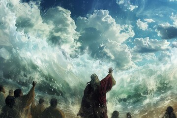 Moses parting the red sea with a dramatic sky overhead - obrazy, fototapety, plakaty