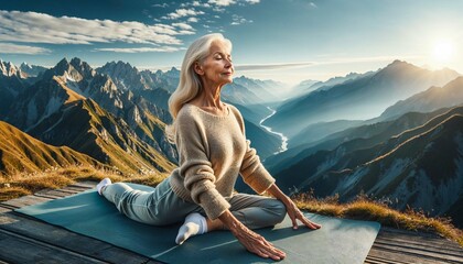 Elevated Serenity: Yoga at Sunrise Over Mountain Peaks - AI generated digital art - obrazy, fototapety, plakaty