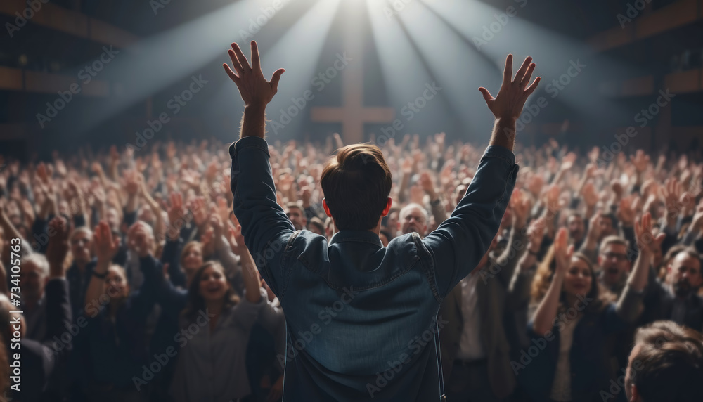Wall mural man raising hands in worship in front of people in the church. ai generated - Wall murals